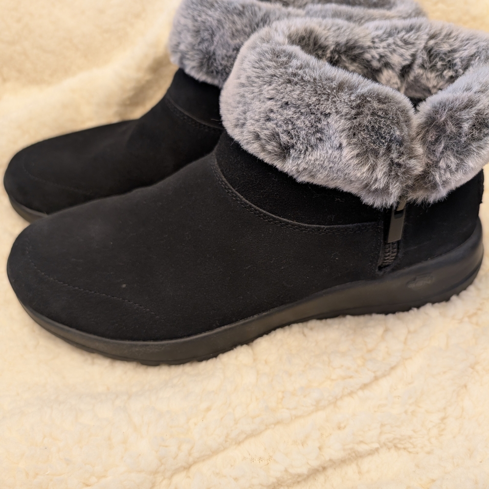 Skechers Black Suede With Gray Fur-Lined Ankle Boots